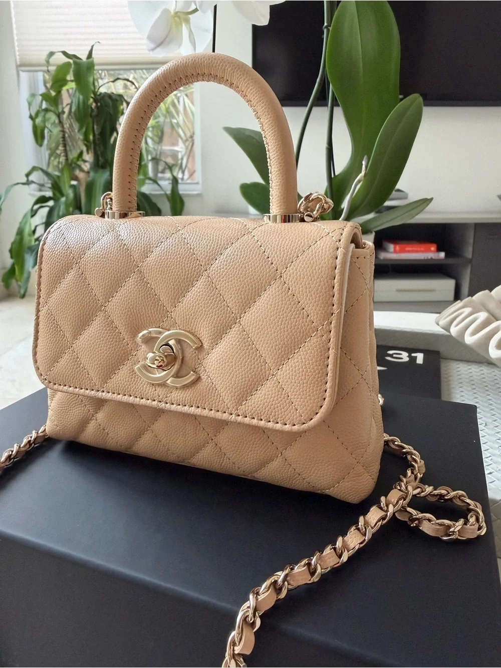 Chanel 24K AP4244 Micro Coco Handle Extra Mini Flap Beige Caviar Clutch GHW Bag